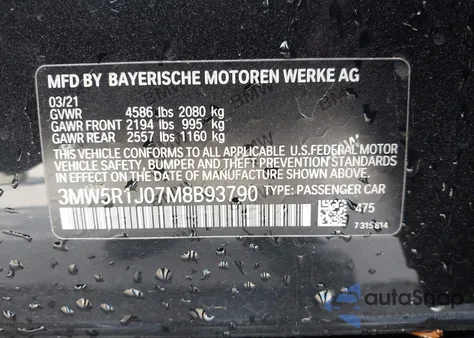 2021 BMW 330I z USA, uszkodzony, nr VIN 3MW5R1J07M8B93790